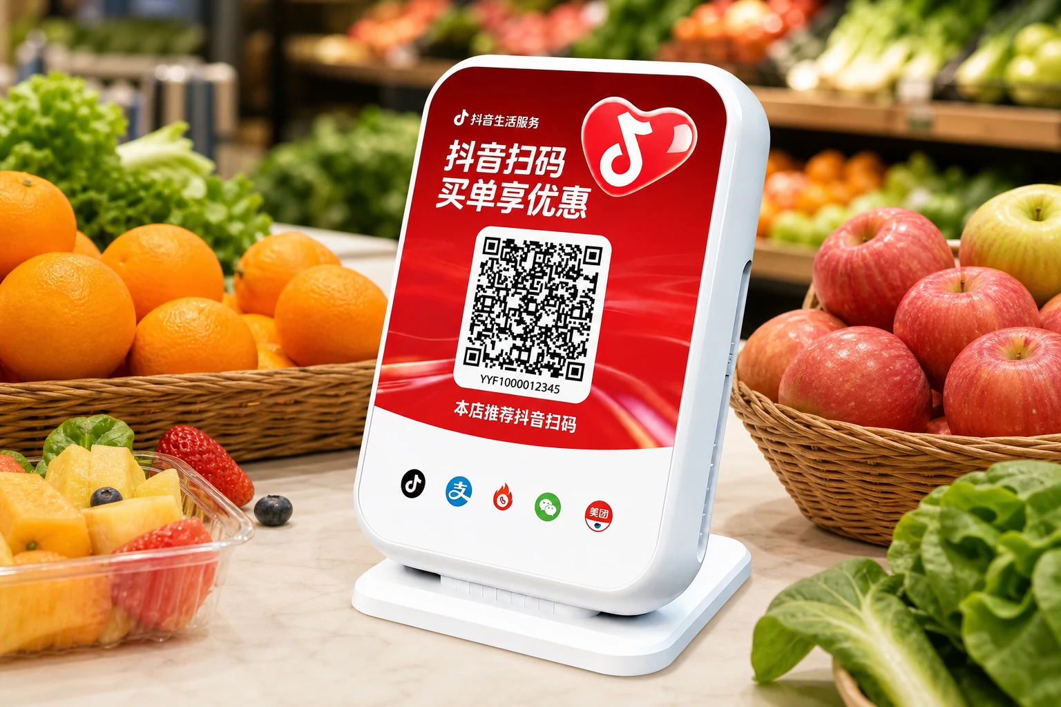 真实白色台式抖音买单设备置于生鲜水果零售柜台