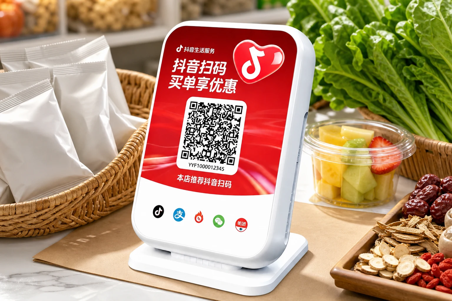 生鲜水果柜台上的真实白色台式抖音买单设备，产品面板文字清晰可见
